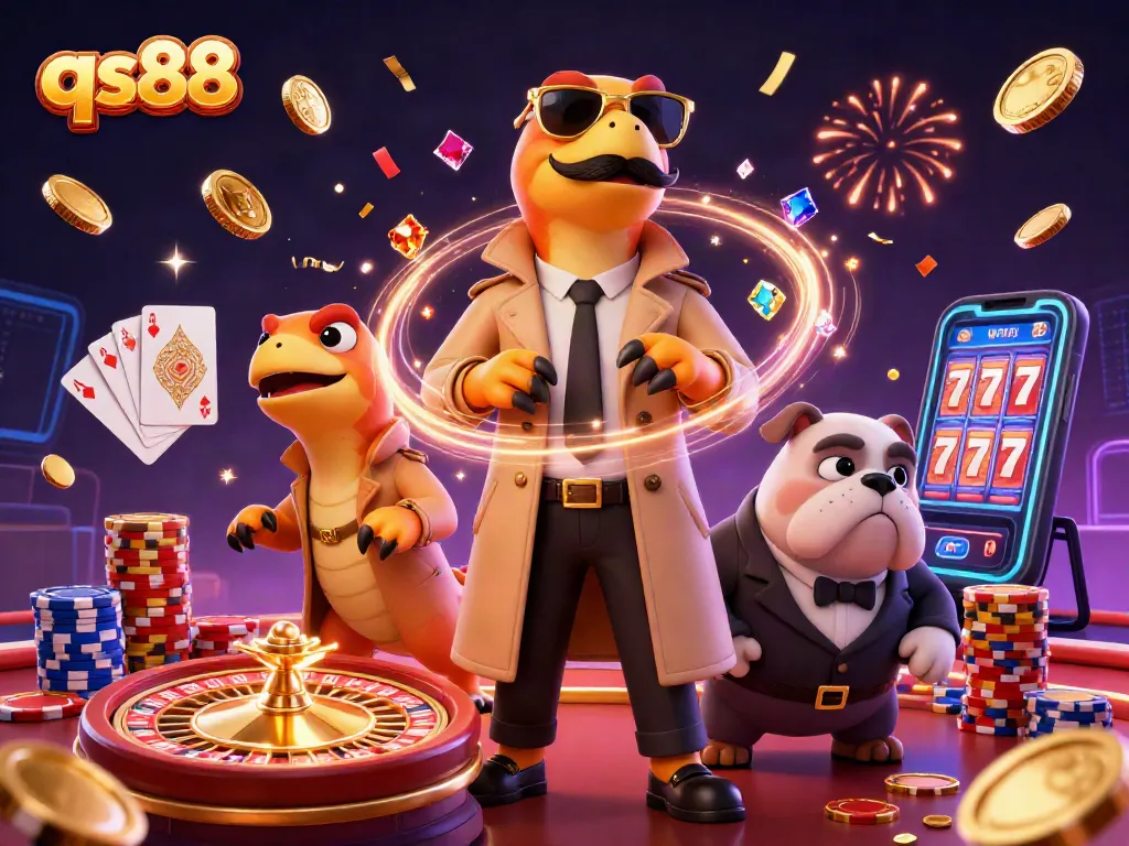 Experience the excitement of qs88 with 3D raptors and casino elements in a vibrant illustration.
