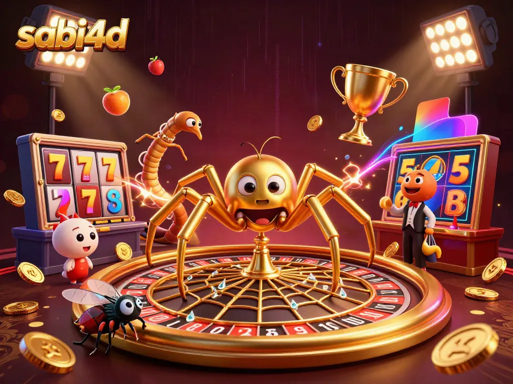 Sabi4d showcases an intricate casino scene with a golden spider and a roulette wheel, enhancing the thrill of gaming.