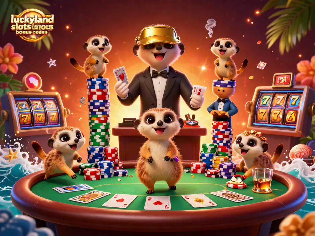 Engage with luckyland slots bonus codes in a vibrant casino scene featuring animated meerkats.