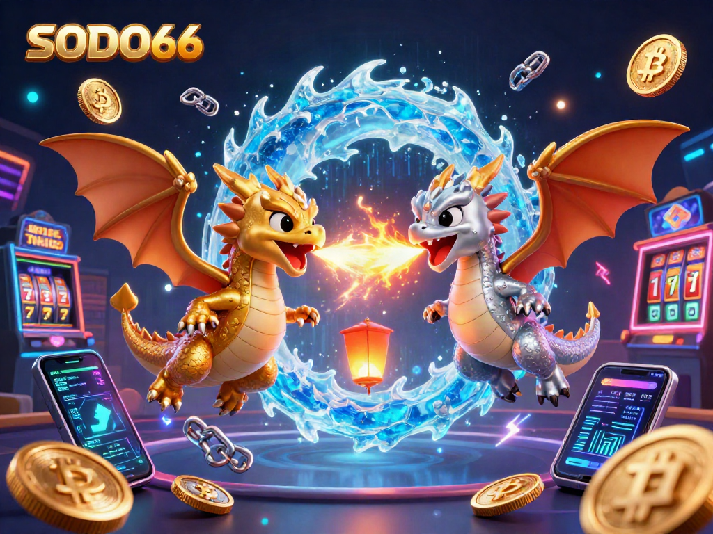 Bet on SODO66 with thrilling dragons and crypto elements in an exciting casino scene.