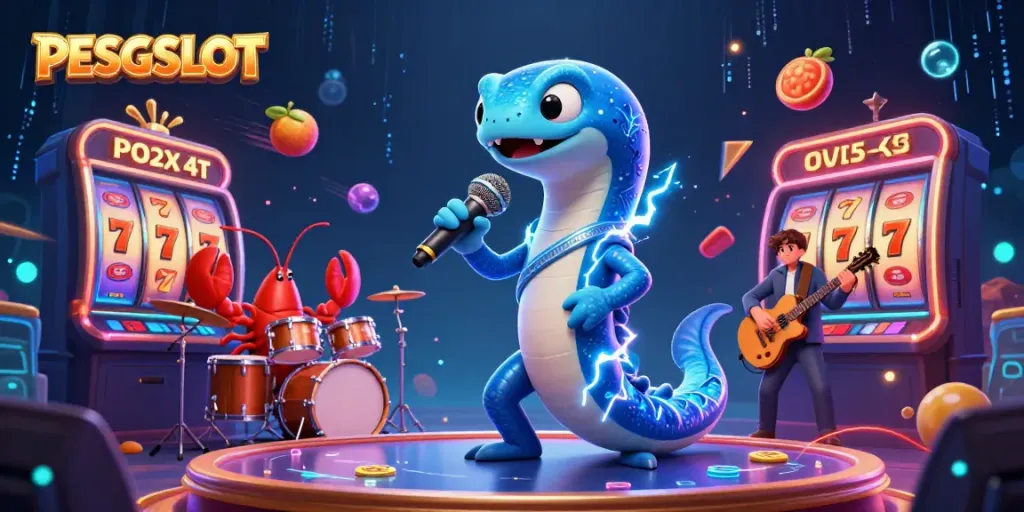 PESGSLOT menghadirkan ilustrasi 3D kartun di mana ikan belut DJ tampil di panggung kasino bawah laut dengan elemen slot.