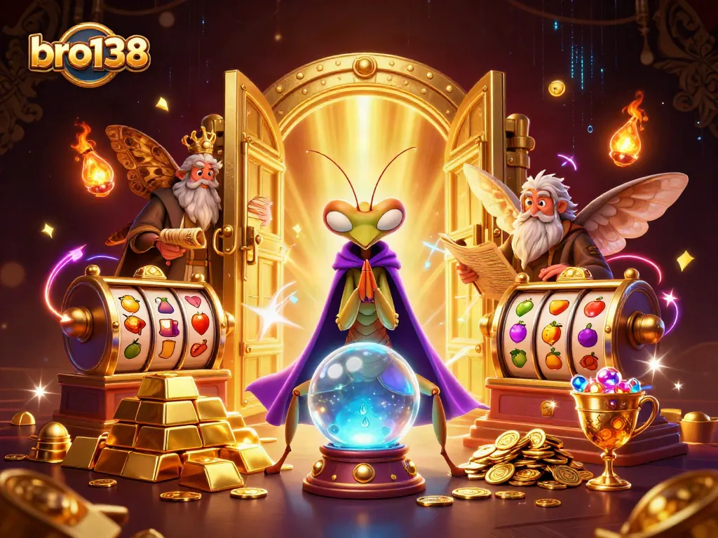 Win big with bro138's vibrant casino scene, featuring spinning slots and magical elements