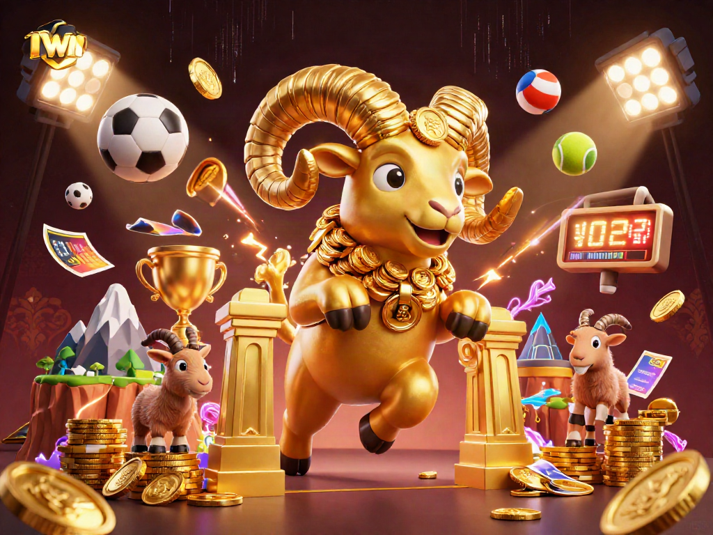 IWIN enhances your gaming experience with a golden ram charging through a vibrant casino scene.