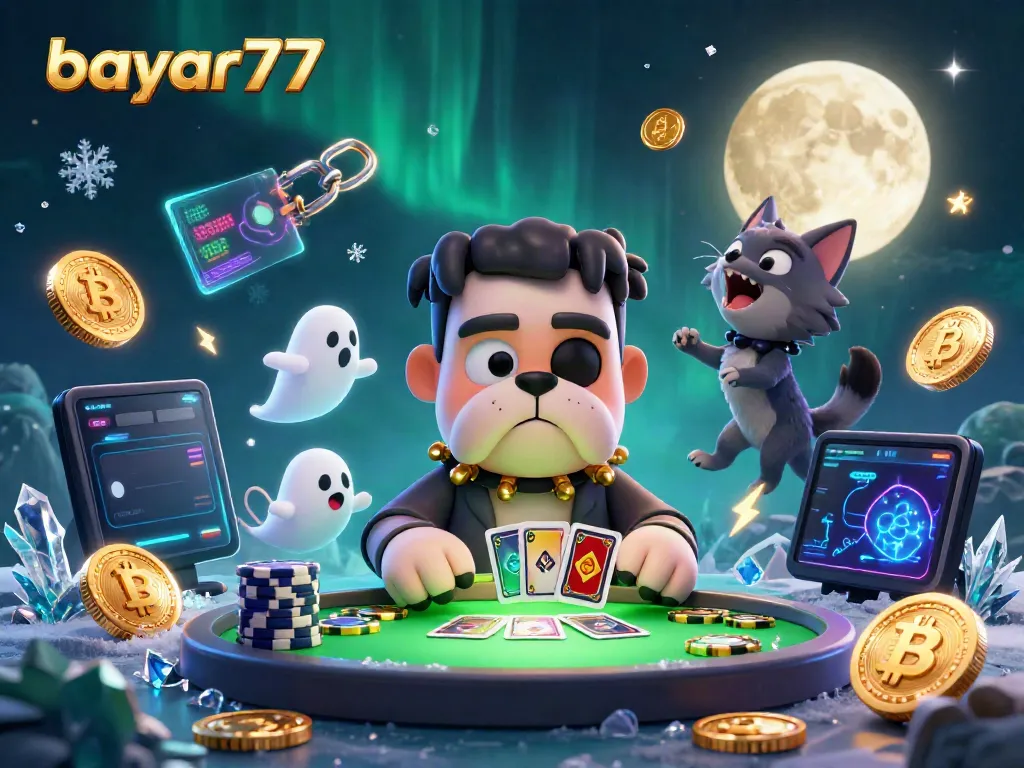 Experience thrilling gameplay with bayar77 at a cosmic casino table featuring vibrant characters and crypto coins.