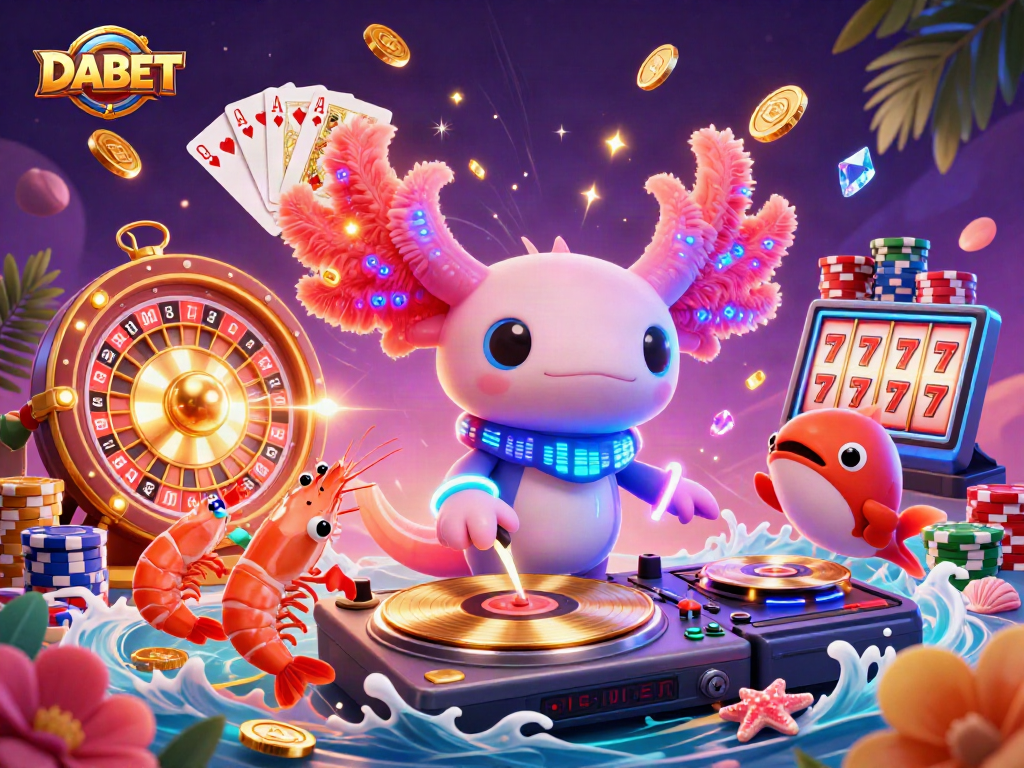 DABET casino illustration featuring a neon axolotl DJ spinning records, shrimp dancers, and a dynamic poker scene.