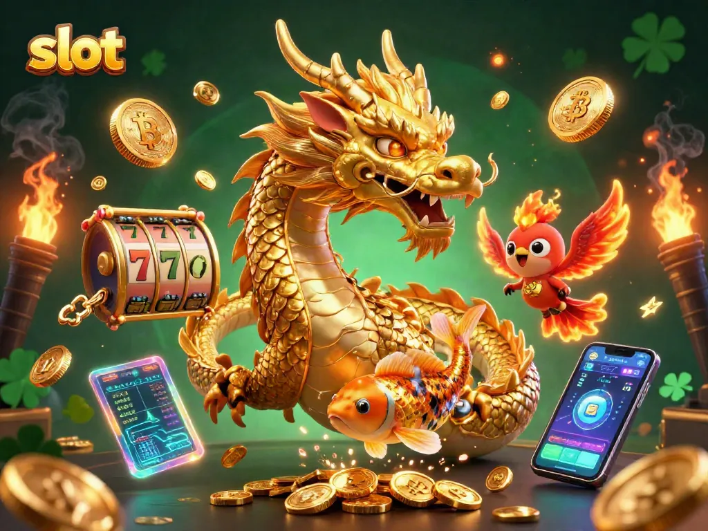 Penuhi slot permainan dengan simbol keberuntungan, naga emas, dan koin kripto yang bersinar.