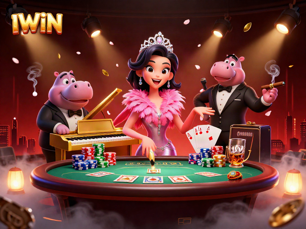 IWIN gamers enjoy a vibrant casino atmosphere with a flamingo singer and hippo bassist amid poker tables and chips.