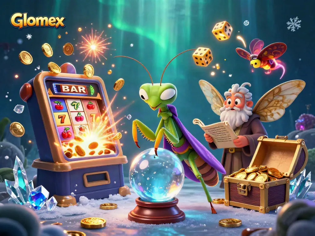 Experience winning moments with Glomex in this vibrant 3D casino scene featuring a fortune teller and slot machines.