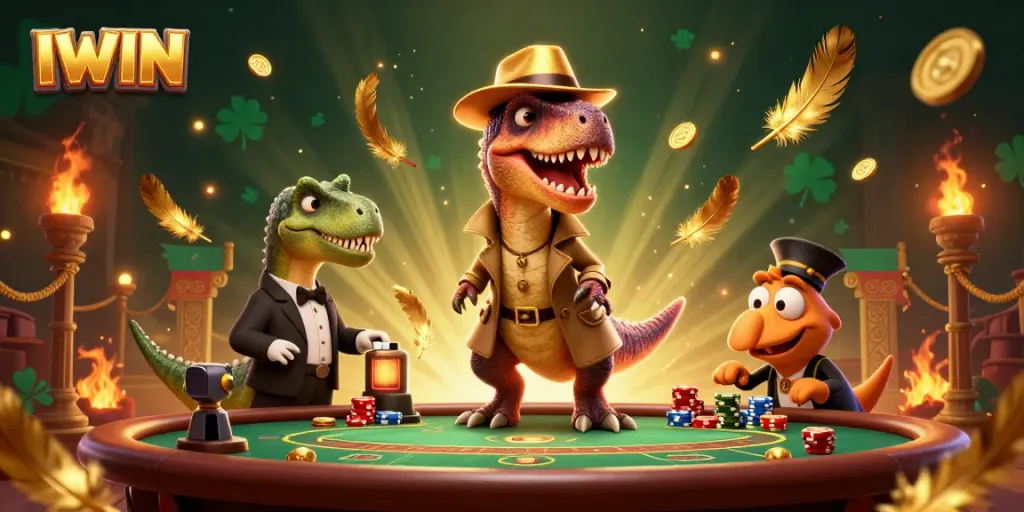 IWIN game scene with a velociraptor card counter, stegosaurus pit boss, and compy pickpocket at an exciting blackjack table.