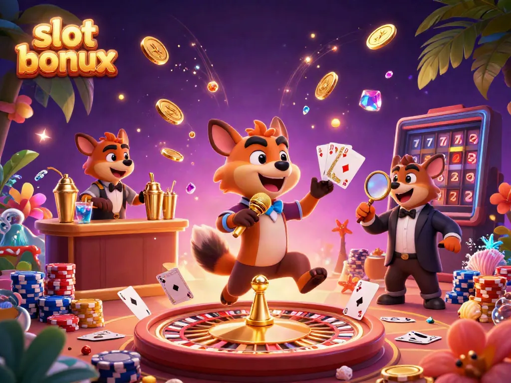 Hyenas hosting a comedy night in a casino, surrounded by slot bonuses and vibrant casino elements.