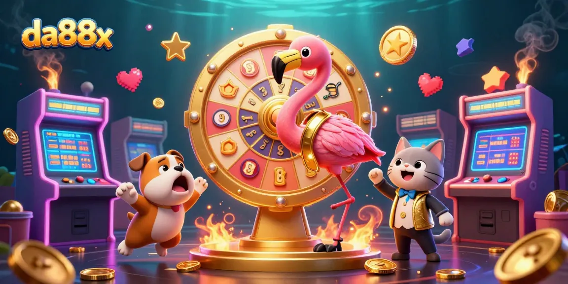 Spin to win big with da88x as flamingo host, excited bulldog contestant, and scoreboard cat reveal prizes!