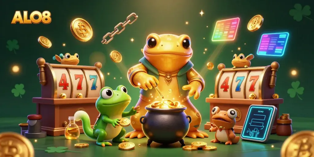 ALO8 illustrates a golden salamander alchemist surrounded by slot reels, gold coins, and vibrant game elements.