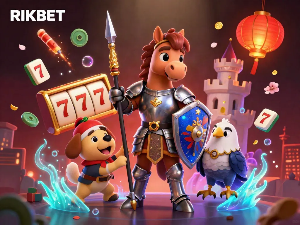 Play slots and win with RIKBET in this vibrant 3D casino illustration with knights and treasures.