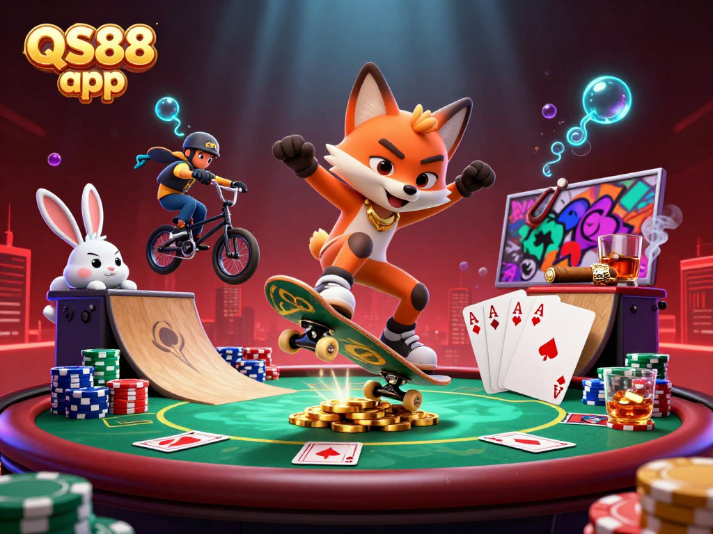 Experience thrilling gameplay with QS88 app featuring 3D cartoon characters in a vibrant casino scene.