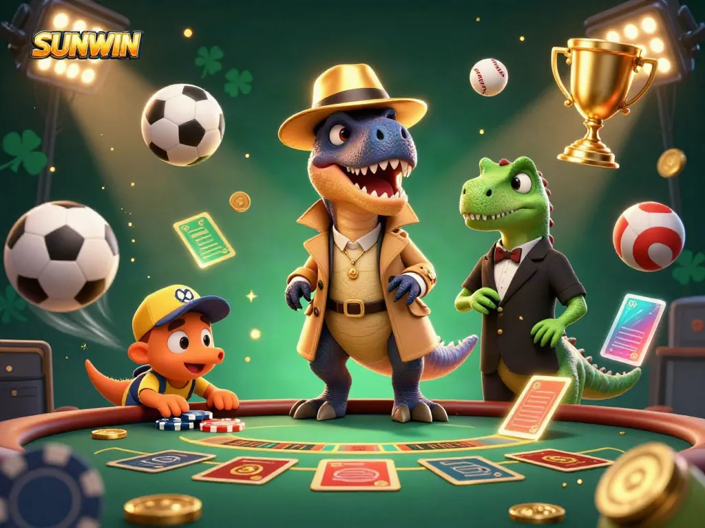 Experience SUNWIN excitement with a 3D velociraptor card counter amidst dynamic casino action.