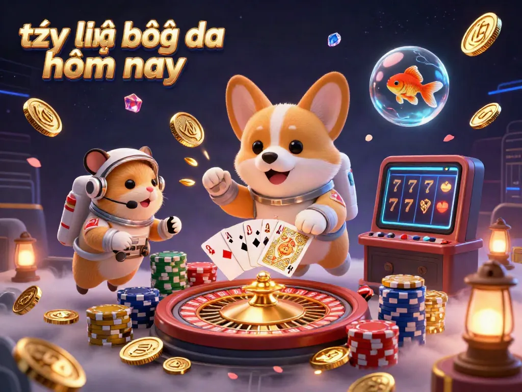 A cartoon corgi in a space casino floating among golden coins while the "tỷ lệ bóng đá hôm nay" brand shines.