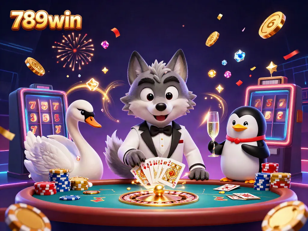 Engage in thrilling gameplay at 789win with a vibrant casino scene featuring a debonair wolf, swan dealer, and penguin sommelier.