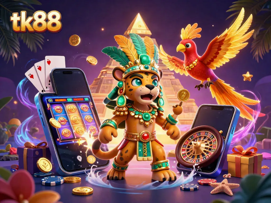 Experience the vibrant excitement of tk88 with a Mayan jaguar priest and slot game elements
