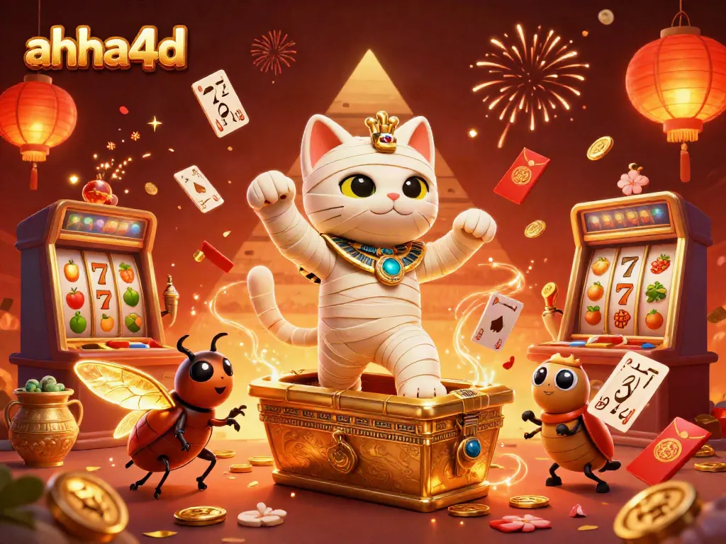 Engage in thrilling slot action with ahha4d's captivating casino scene of a mummy cat and golden elements.