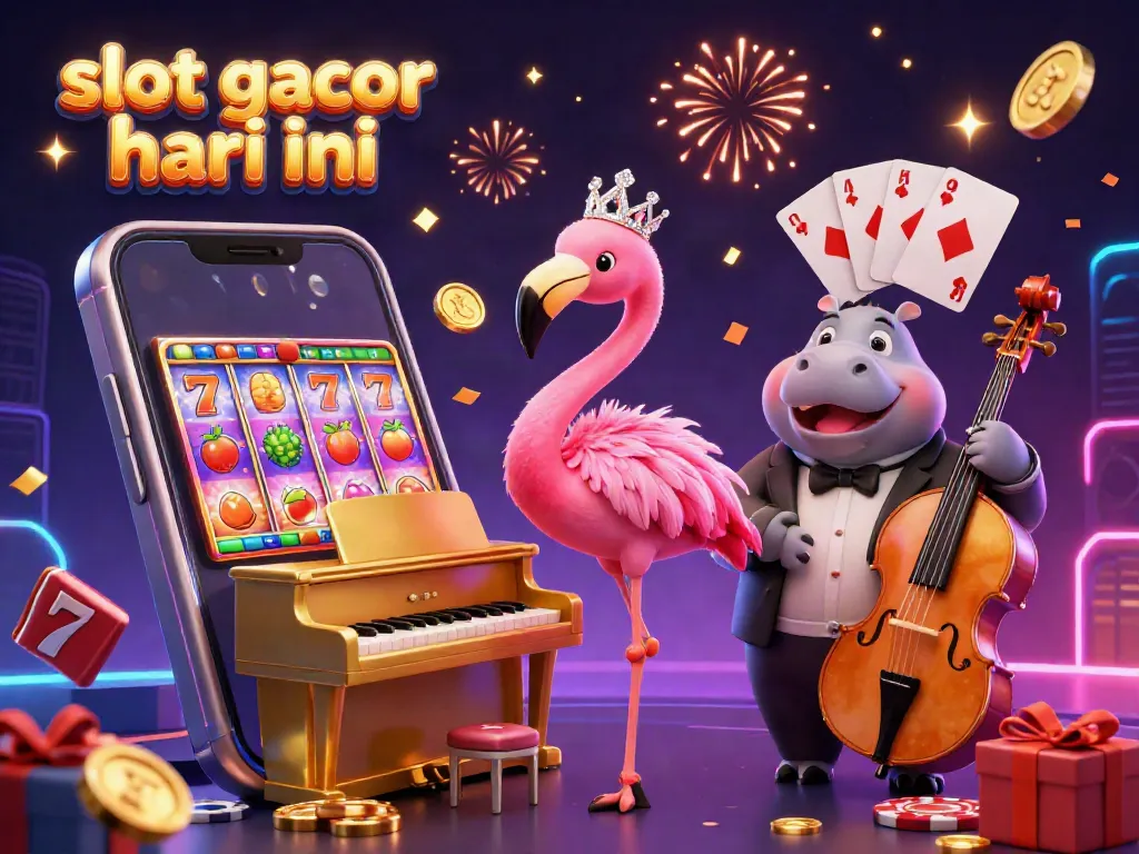 Experience slot gacor hari ini with a vibrant 3D flamingo singer at a colorful casino scene.