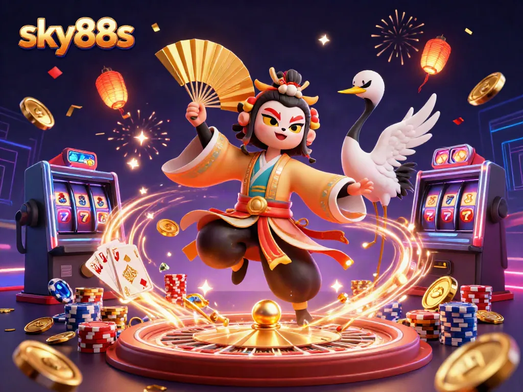 Experience thrilling action at sky88s with captivating casino illustrations featuring kabuki warriors, roulette, and vibrant games.