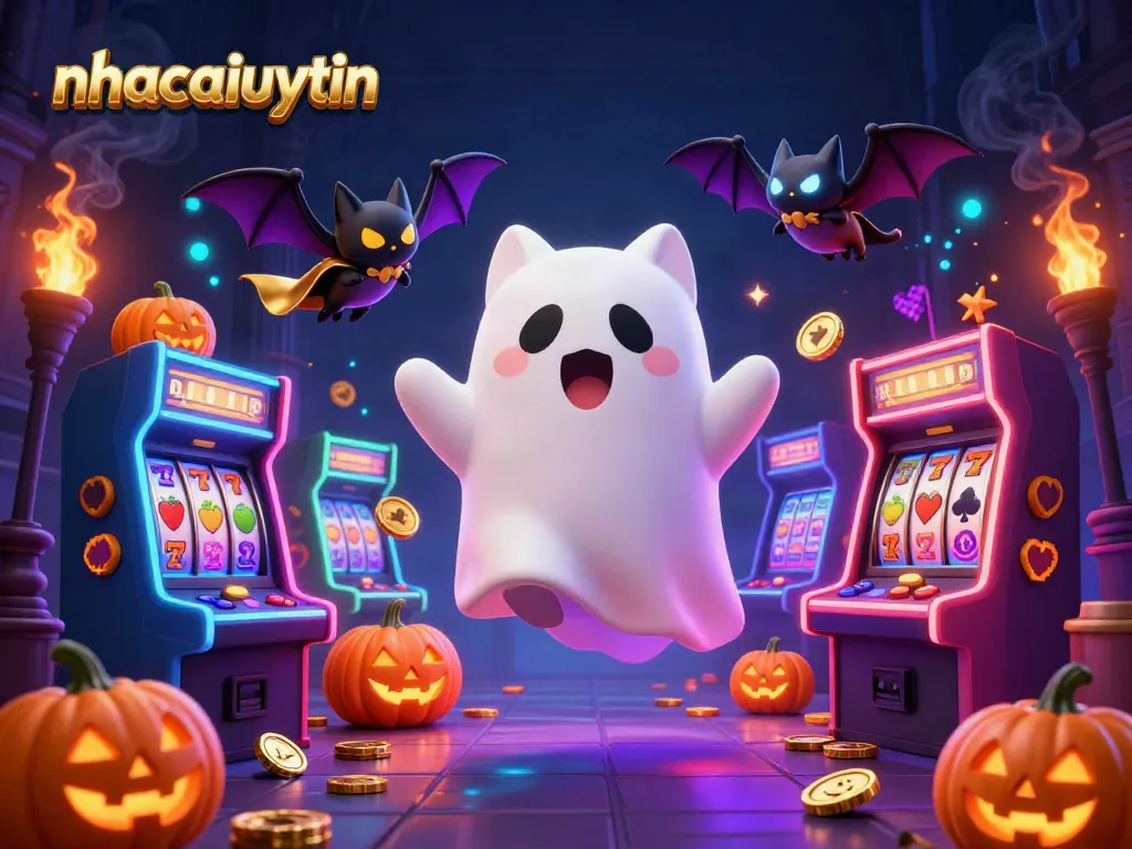 Engage in thrilling gameplay with nhacaiuytin, featuring a ghost cat in a haunted casino filled with vibrant machines.