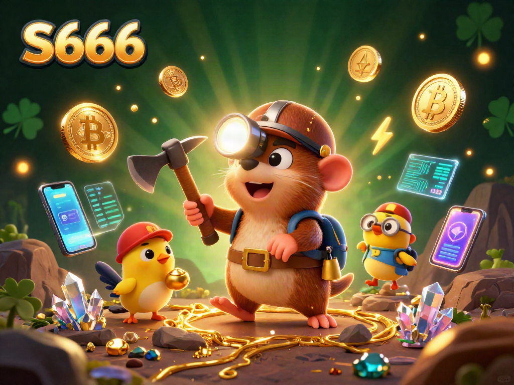 Experience S666's thrilling casino adventure with a treasure hunting mole and glowing crypto elements.