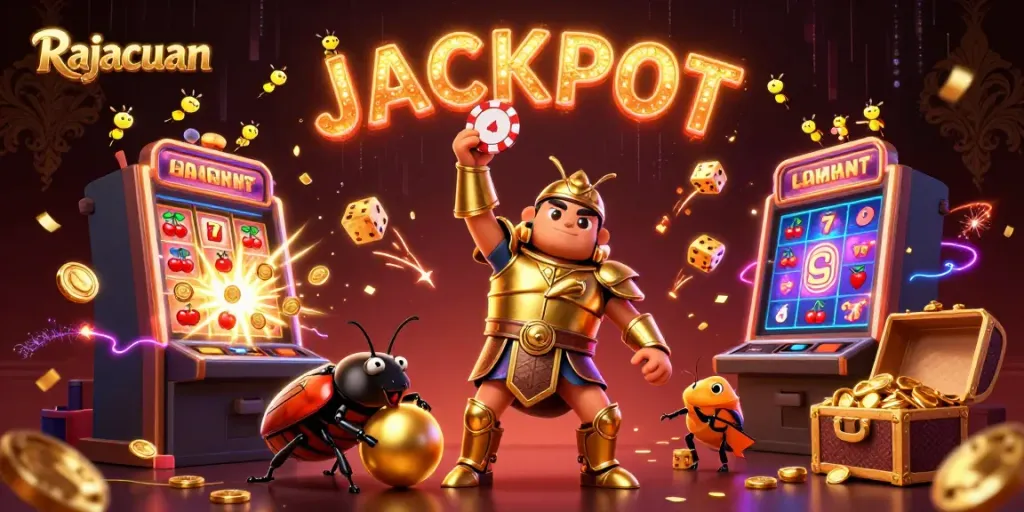 Mengungkapkan kemenangan Rajacuan dengan simbol jackpot, karakter menyerang dengan energi dalam permainan slot.