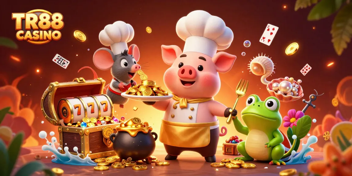 Experience the excitement of TR88 CASINO with a 3D cartoon pig chef serving gold coins in a vibrant gambling scene.