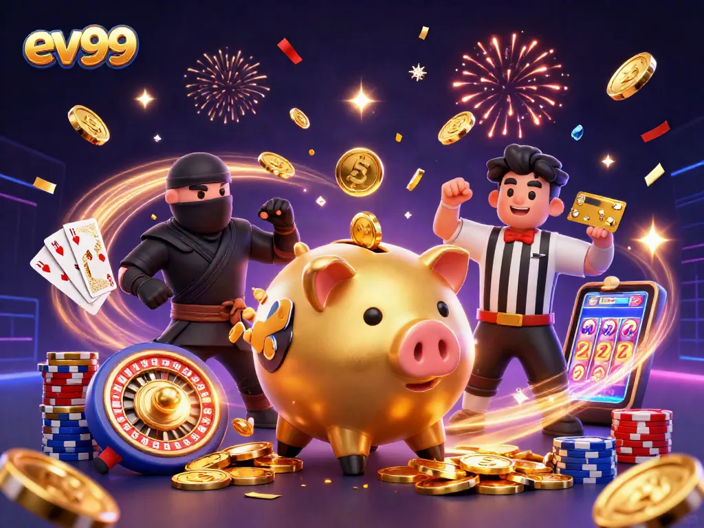Experience the excitement of ev99 casino games with a lively 3D illustration of unique characters and elements.