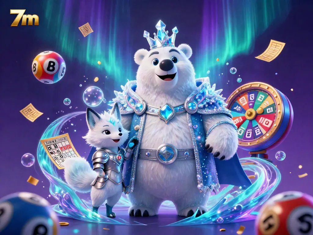 Experience thrilling 7m casino action with colorful lottery balls and a majestic polar bear in a vibrant scene.
