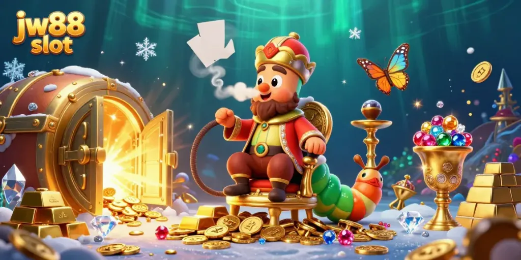 Experience the thrill of jw88 slot with vibrant characters and dynamic casino elements in a richly detailed scene.