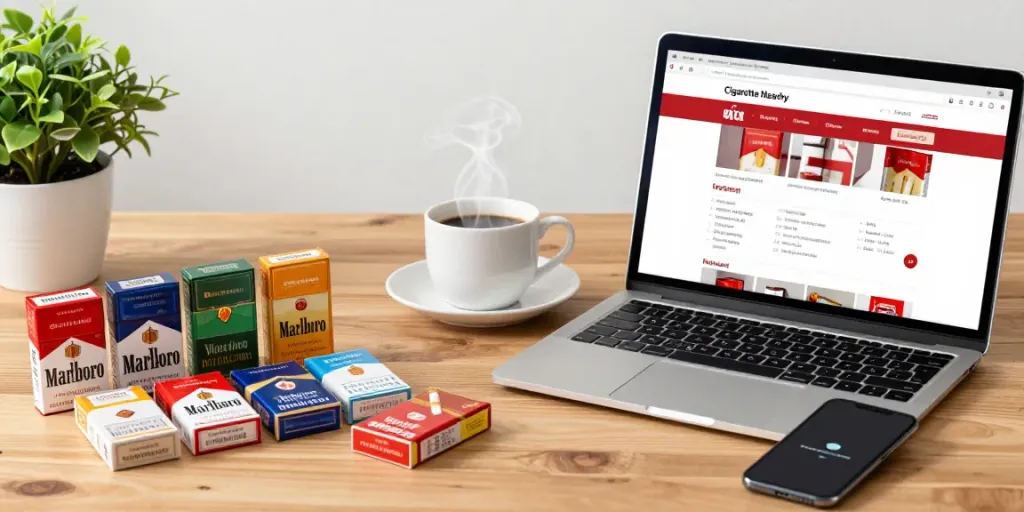 Shopping for cheap tobacco and cigarettes online with brand displays and a laptop.