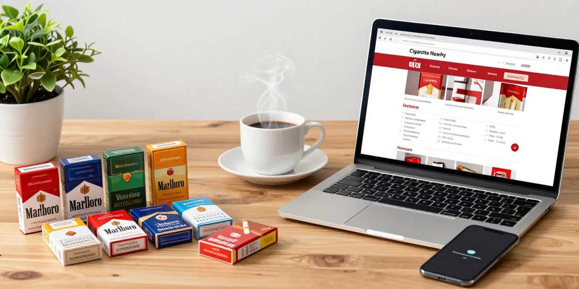 Shopping for cheap tobacco and cigarettes online with brand displays and a laptop.