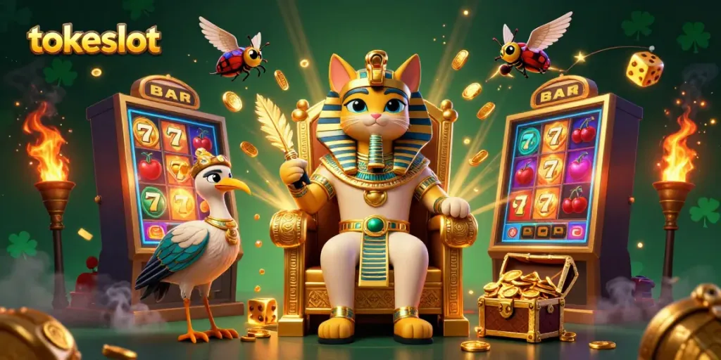 Experience the excitement of tokeslot with dynamic 3D characters amidst vibrant casino elements.
