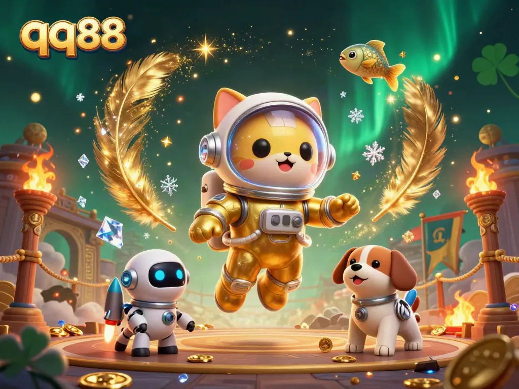 Experience thrilling gaming action with qq88 as a space astronaut cat and robotic companion navigate a vibrant casino world.