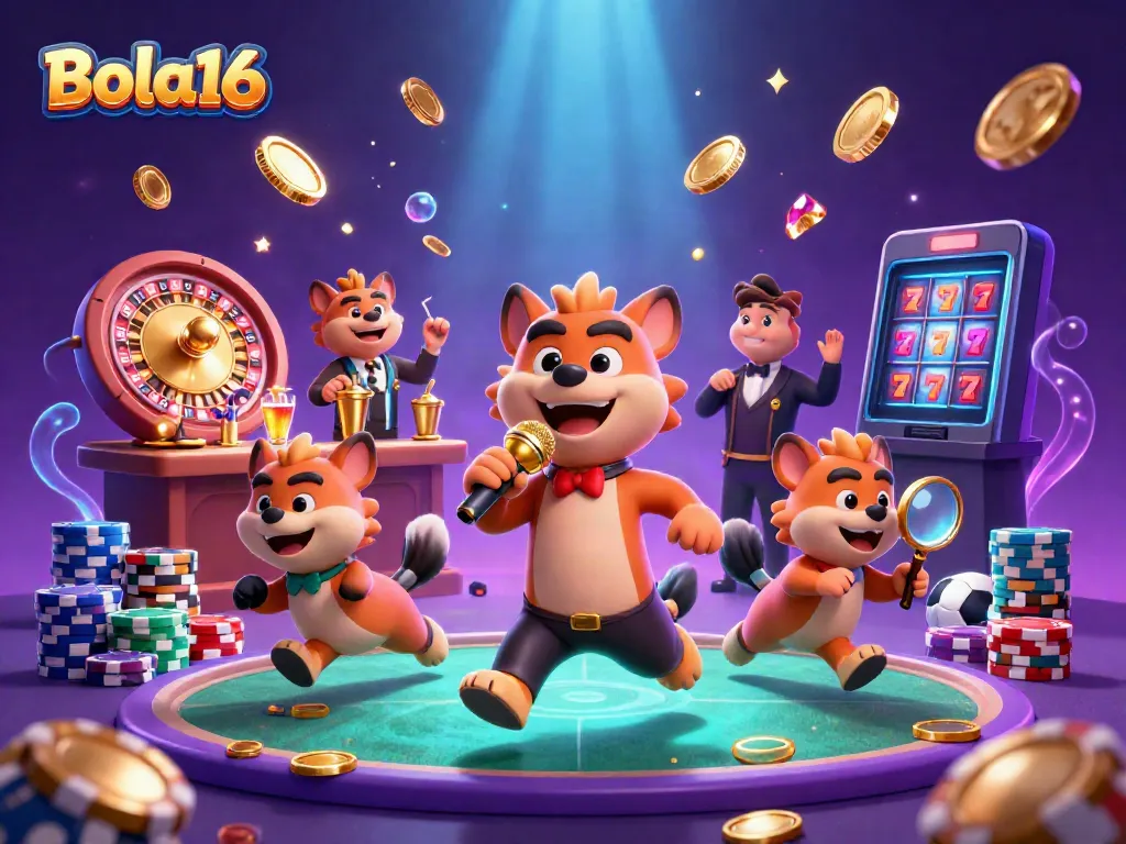 Bola16 sports betting scene with hyenas as comedians and bartenders, dazzling with casino elements.