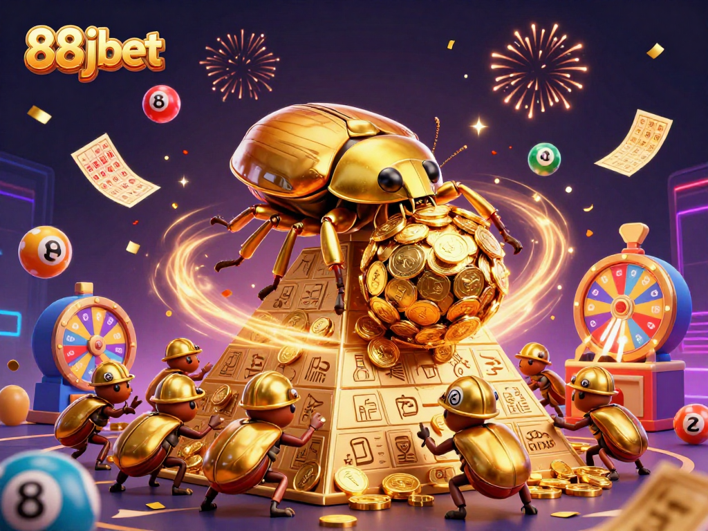 Engage with 88 jbet's thrilling lottery experience featuring a festive 3D scene brimming with action.