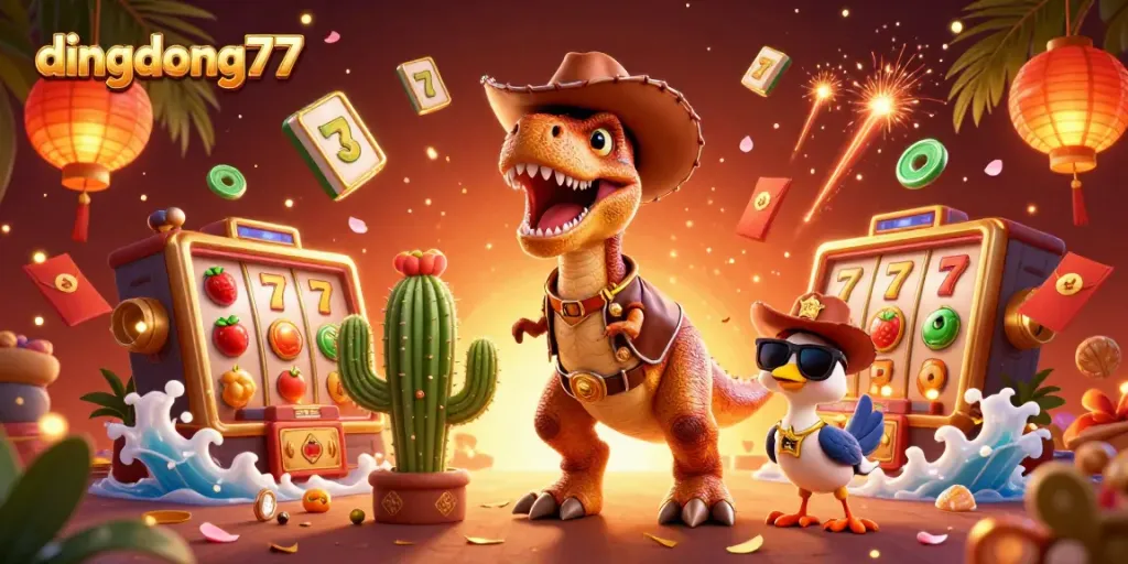 Experience thrilling play with dingdong77 as the T-Rex cowboy and friends spin the slot reels for jackpots.