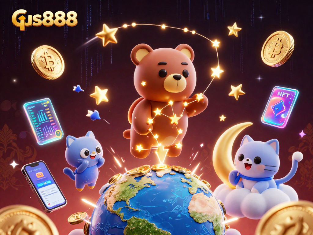 Experience the excitement of qs888 as golden star bear scoops up coins amidst crypto elements.