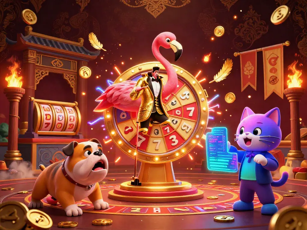 SUNWIN displays thrilling casino gameplay with a flamingo host, bulldog contestant, and prize scoreboard.
