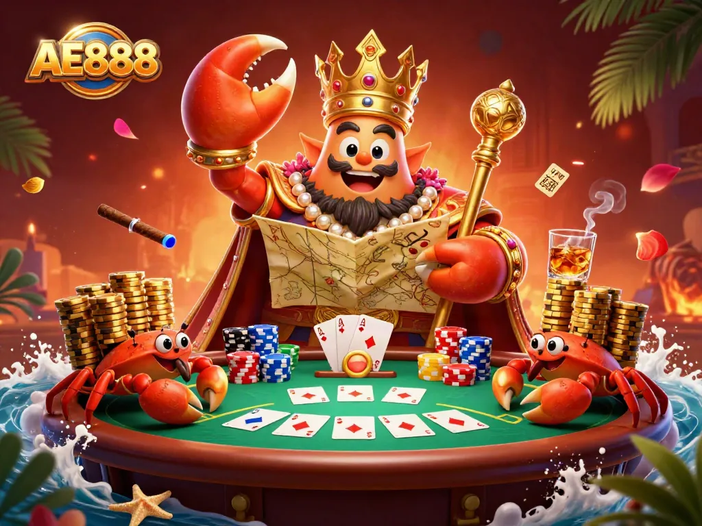 Engage with AE888's thrilling poker scene featuring a golden crab emperor and vibrant chips.