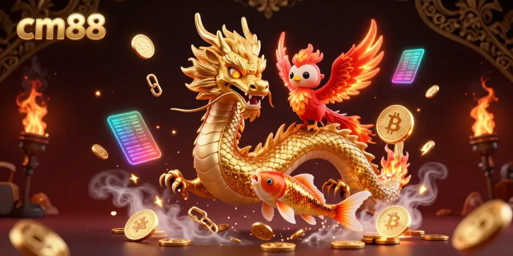 Engage with cm88's vibrant and thrilling casino scene featuring a golden dragon, phoenix, and koi amidst digital treasures.