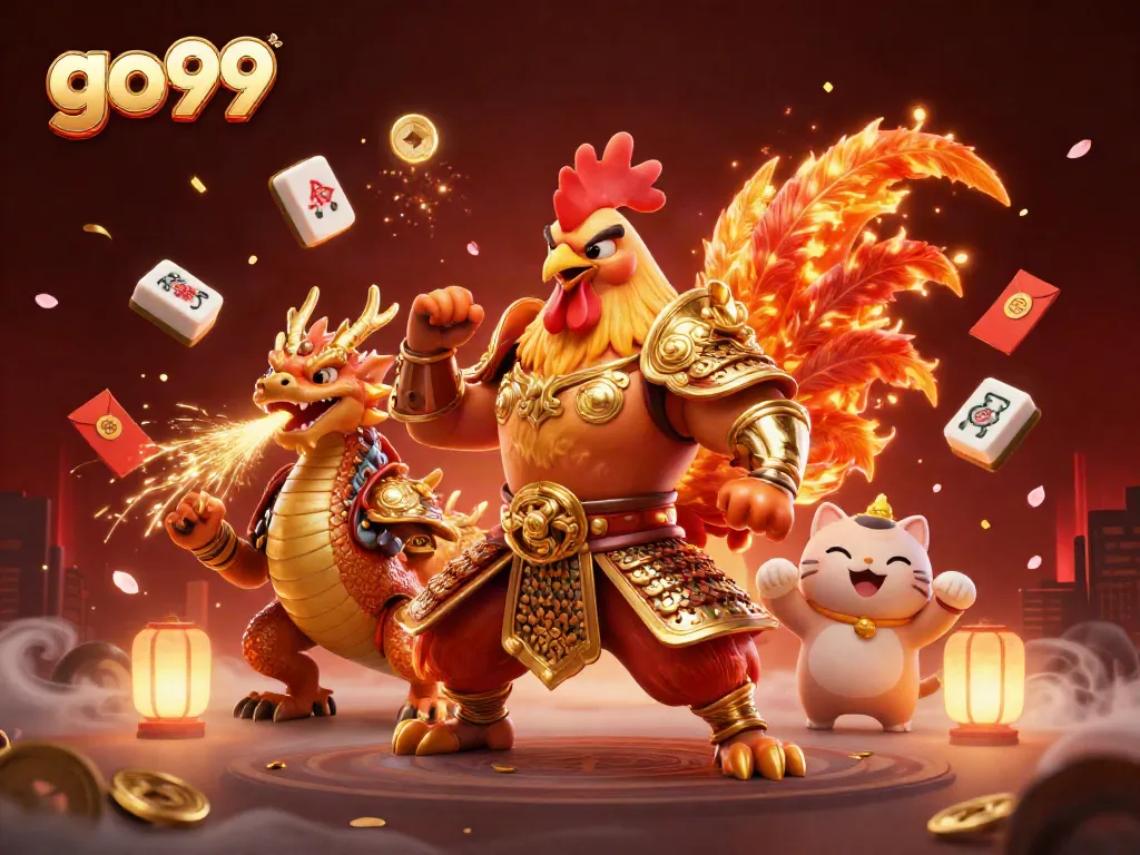 Experience thrilling action at go99 with powerful characters and festive elements in this 3D casino scene.