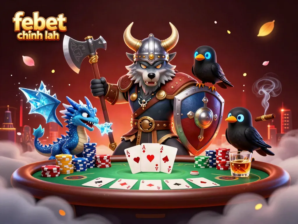 Experience intense gameplay with febet chính hãng in a vibrant illustration featuring a Viking wolf warrior and dragon.