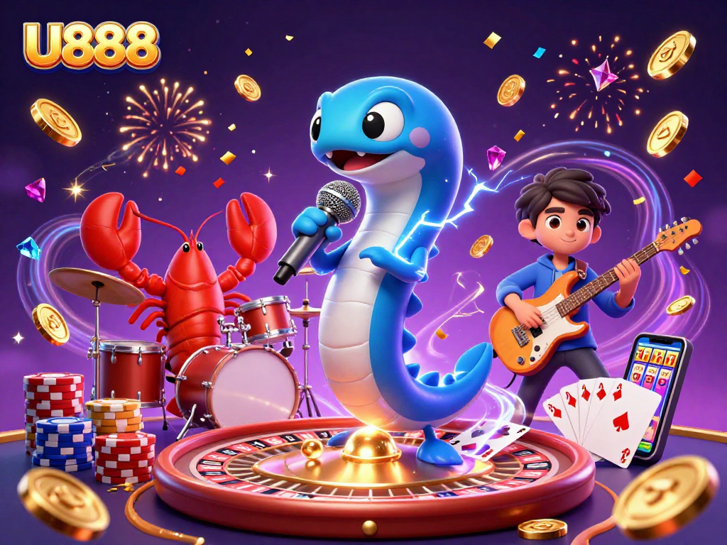 U888's electric eel DJ sparks excitement in an underwater casino filled with golden coins and vibrant game elements.
