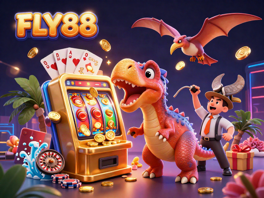 FLY88 offers exciting jackpot gameplay with a dinosaur-themed casino adventure illustration.
