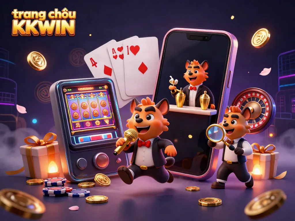 Engage in excitement at the trang chủ KKWIN casino with lively characters, drinks, and colorful slot games.