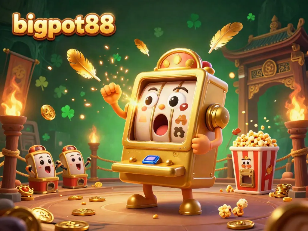 Experience thrilling wins at bigpot88 with a lively golden slot machine celebrating a jackpot amidst dynamic casino elements.