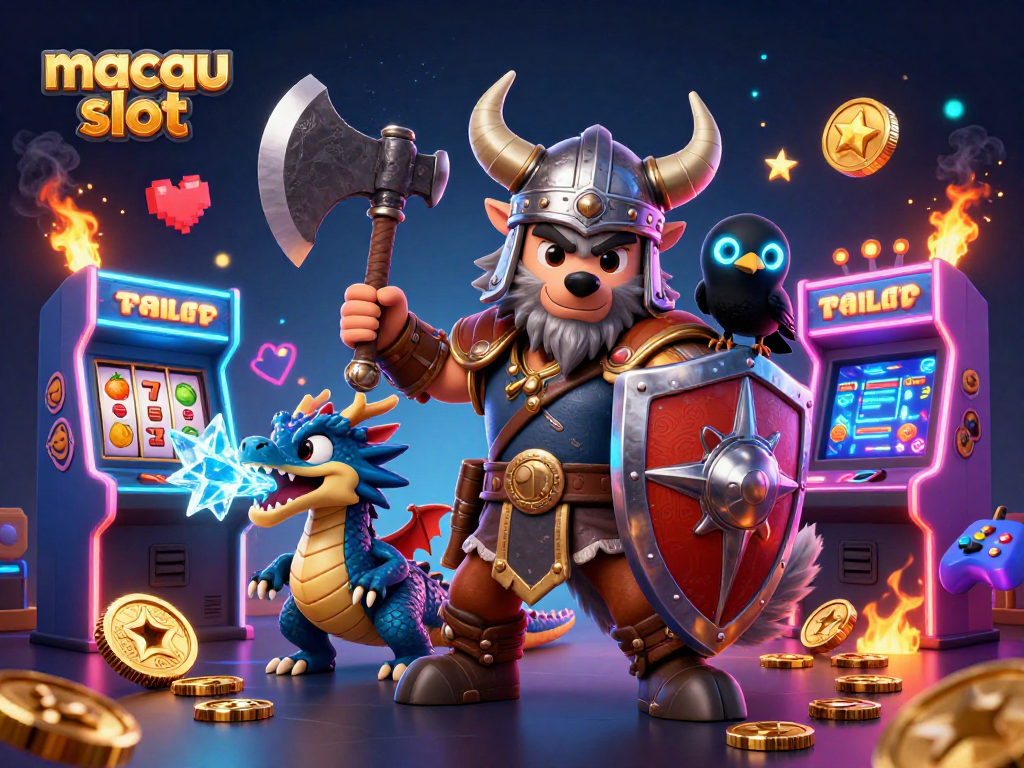 Tarik perhatian dengan macau slot yang menampilkan simbol jackpot dan karakter kartun dalam ilustrasi 3D